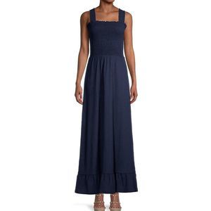 Michael Kors Women's Navy Smocked Prairie Maxi Dress Blue Sz Large Summer D23